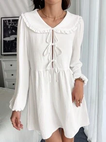 Chiquease 蝴蝶结腰灯笼袖甜美女士连衣裙 - 白色 - 查看 4