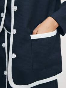 BizChic Navy Blue Collarless Loose Trim Work Jacket - Navy Blue - View 6