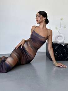 Firerie Vestido cami corto ajustado, de malla transparente, con tirantes, cuello swing, y diseño degradado multicolor, elegante y sexy para vacaciones de verano de mujer