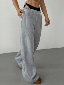 SHEIN EZwear Pantalones anchos casuales y versátiles de 2 en 1 con entrepierna ancha de punto gris para mujer