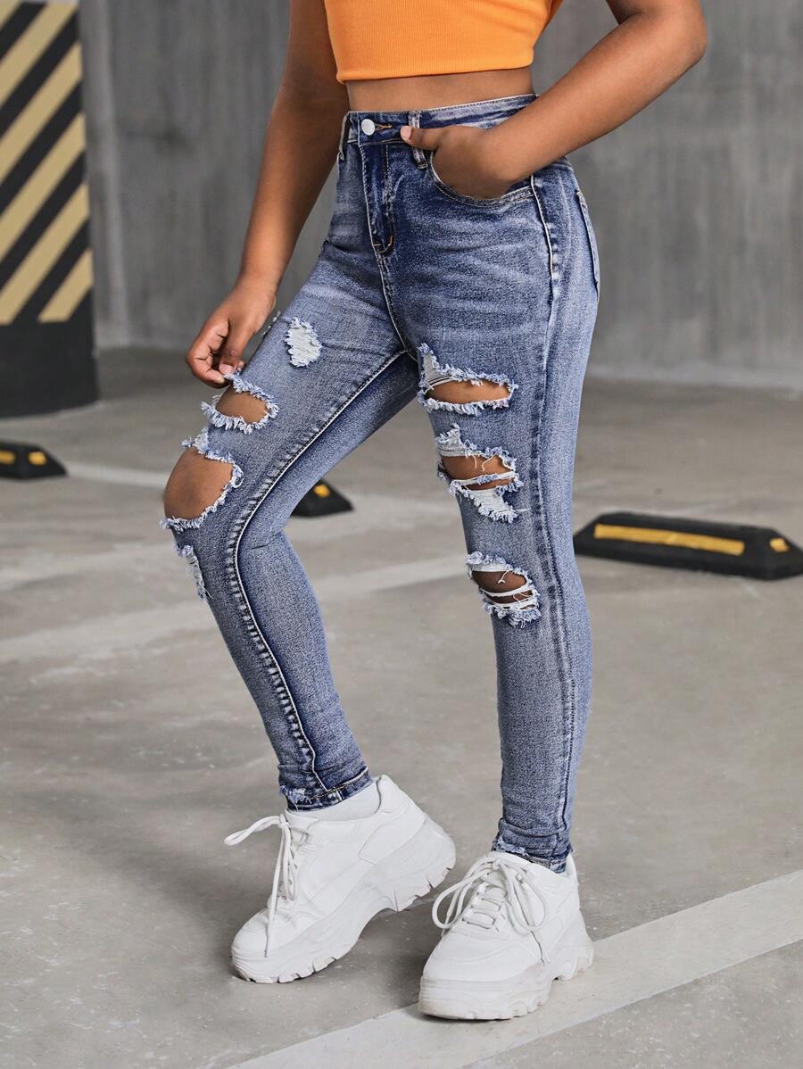 SHEIN Tween Girls' Stonewashed High Waist Ripped Raw Trim Jeans Ripped Jeans - Dark Wash - View 1