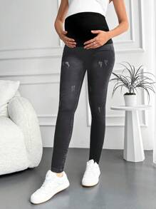 RueChic Maternity Wideband Waist Ripped Frayed Skinny Jeans - Grey - View 5