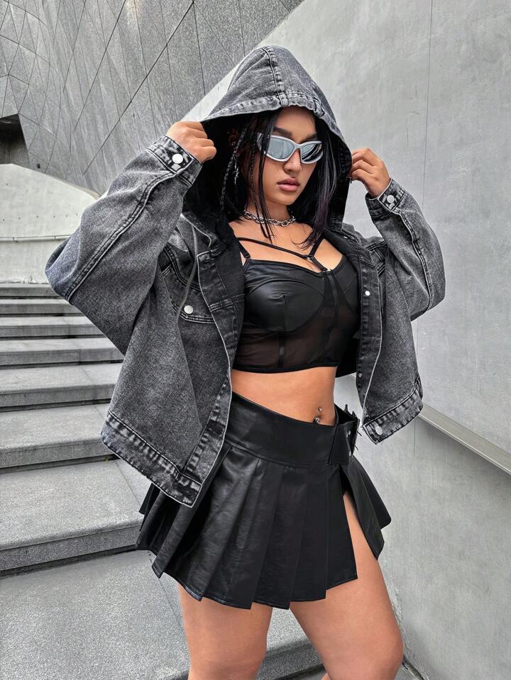 SHEIN ICON Black Plus Size Denim Jacket Street Sexy Short Long Sleeve Hooded Jacket Versatile Y2K