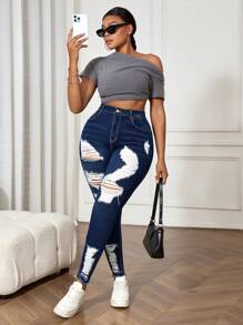 Slaydiva Blue Plus Size Jeans Casual Skinny Stretch Ripped Tights - Dark Wash - View 5