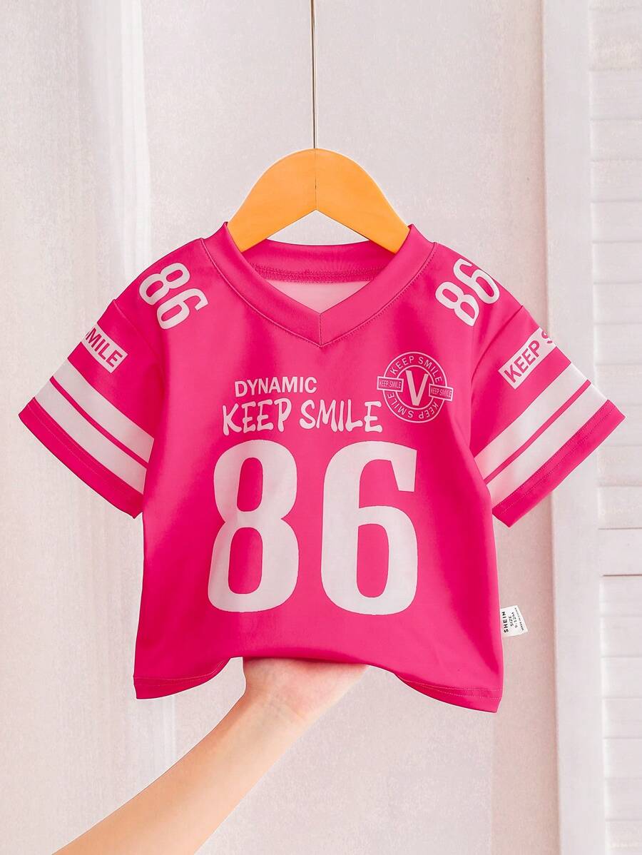 SHEIN Playful Pals Conjunto deportivo informal respirante con estampado de letras y cuello en V para bebés niñas, traje de hockey sobre hielo - Rosa Fucsia - Ver 1