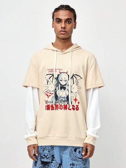 ROMWE Avant Men's Casual Colorblock Cartoon Character Printed Hoodie, School