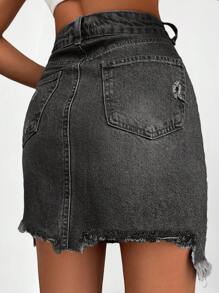 EURMUSE Ripped Raw Hem Denim Skirt - Grey - View 2