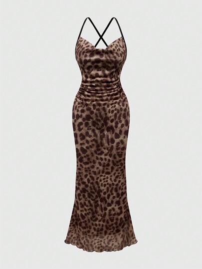 Grunge Punk Abito da donna a sirena con schiena scoperta, collo drappeggiato e stampa leopardata, adatto per l'estate e il Capodanno