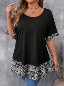 SHEIN CURVE+ Camiseta casual de manga corta con cuello redondo, talla grande para mujer con estampado floral de verano y remiendos