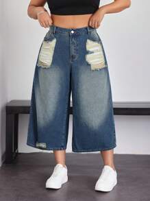 SHEIN EZwear Plus Size Women Loose Fit Distressed Wide Leg Casual Denim Jeans - Medium Wash - View 7