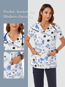 TaskEZ V-Neck Short Sleeve Stylish Printed Nursing Uniform Scrub Top - Blue and White - View 1