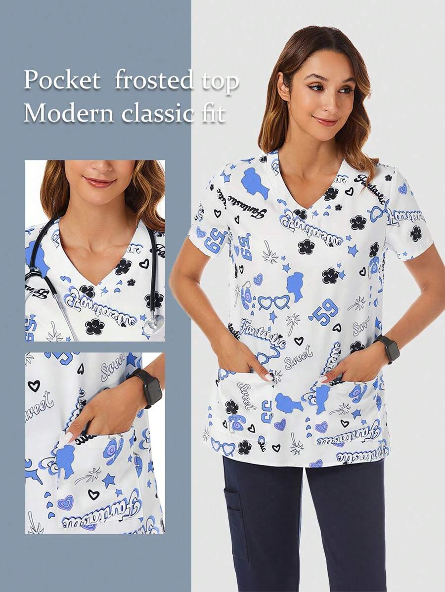 TaskEZ V-Neck Short Sleeve Stylish Printed Nursing Uniform Scrub Top - Blue and White - View 1