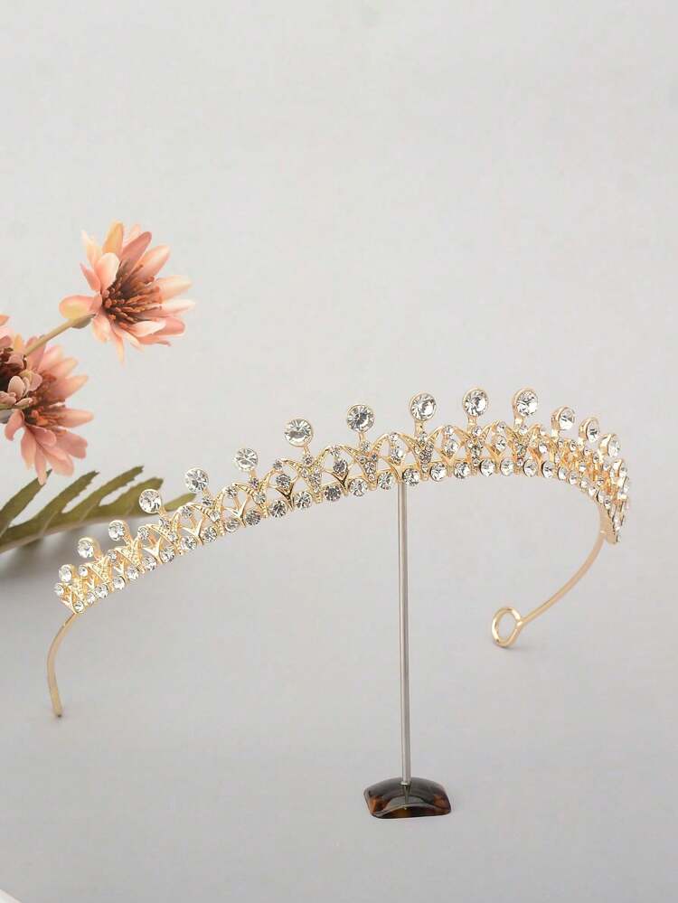 1pc Rhinestone Decorated Metal Simple Crown Headpiece, Suitable For Women Wedding Party Valentine's Day Accessories