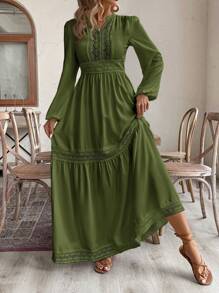 SHEIN VCAY Vestido elegante de manga farol con cuello entallado con encaje y diseño en unicolor para mujer de talla grande