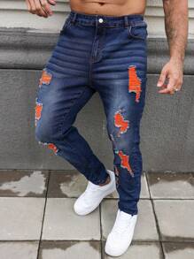 Manfinity EMRG Pantalones vaqueros de mezclilla desgastados con botones delanteros y múltiples bolsillos para hombres de talla grande, para uso casual de todos los días