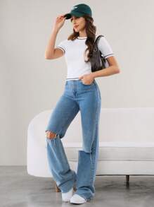 Mulvari 2pcs Contrast Stitch Rib-Knit Slim Fit Tee For Summer