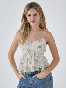 Enchnt Vestido de tirantes de encaje con estampado floral ditsy elegante para damas en verano