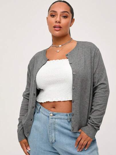 SHEIN BASICS 秋冬纯色休闲长袖大码开衫