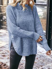 SHEIN LUNE Suéter de cuello alto de mezcla de hilos de colores aleatorios, jersey de punto para otoño e invierno - Azul - Ver 4