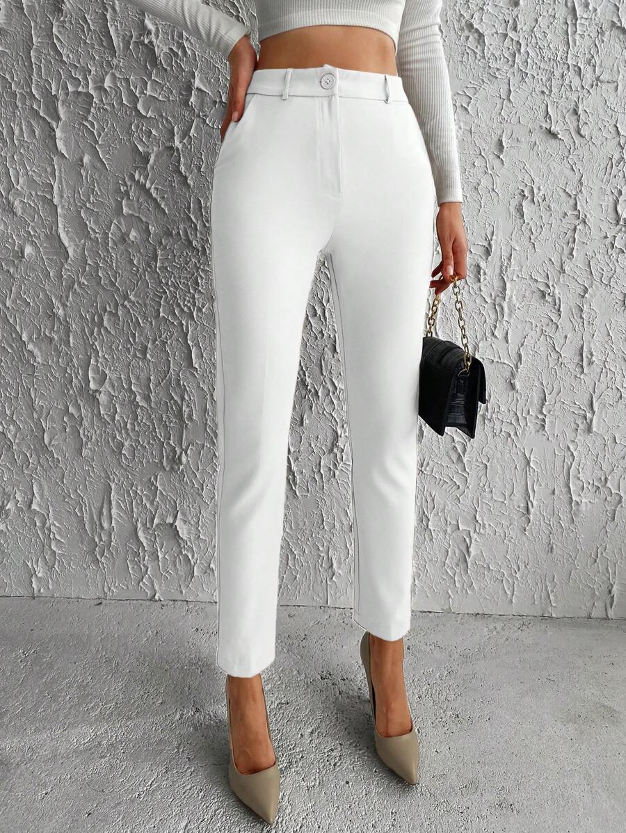EURMUSE Solid Color Simple Casual Daily All-Match Tapered Pants - White - View 1