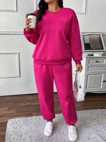 SHEIN Frenchy 2 件/套大码热粉色女士心形印花圆领落肩长袖运动衫和慢跑裤套装，春秋季，返校节 - 玫紅色 - 查看 1