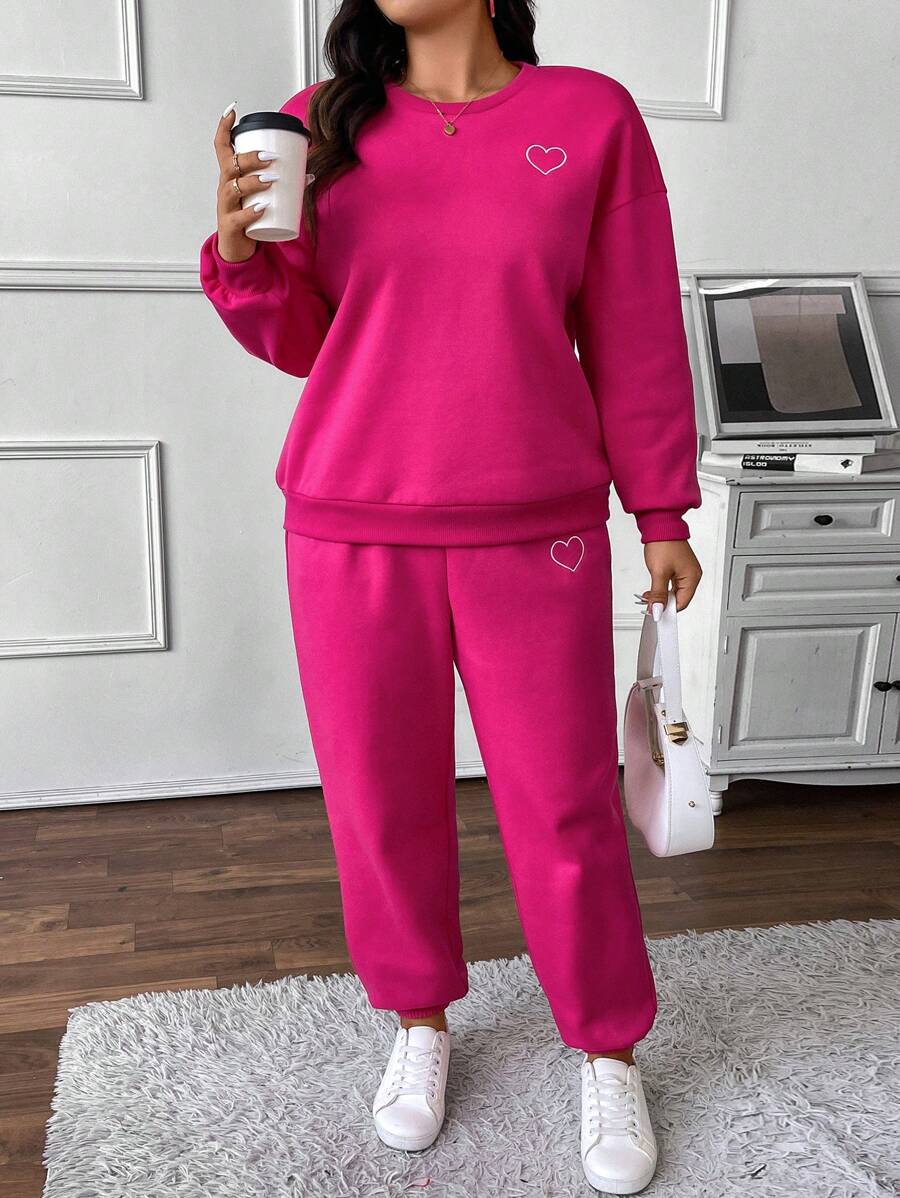SHEIN Frenchy 2 件/套大码热粉色女士心形印花圆领落肩长袖运动衫和慢跑裤套装，春秋季，返校节 - 玫紅色 - 查看 1