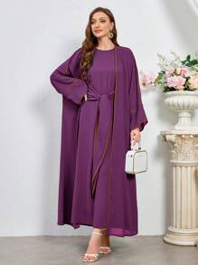 SHEIN Najma 女士长袖前开式伊斯兰长袍，穆斯林时尚长袍，适合休闲/节日/聚会/旅行 - 淡紫色 - 查看 7