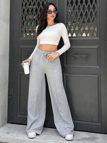SHEIN Tall Cotton Tall Drawstring Waist Wide Leg Pants - Grey - View 3