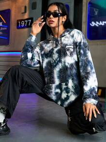 Streetz SHEIN Sport Women's Tie Dye Sweatshirt, Loose Streetwear Casual Long Sleeve Hooded - Black - View 3