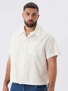 Manfinity VCAY 大码男士休闲宽松编织纯色落肩弹力下摆短袖衬衫，适合夏季 - 白色 - 查看 4