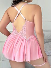 4 cái/bộ Plus Size Lưới Cut-Out Đồ lót gợi cảm Váy trơn + G-String + Vòng chân - Hồng - Xem 2