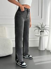 RueChic Split Hem Straight Leg Jeans - Grey - View 5