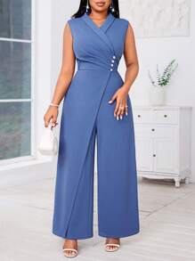 SHEIN Lady Plus Size Women's Blue Sleeveless Wide Leg Jumpsuit With Cross Neck And Pearl Decor Concert Women Outfit Women Jumpsuit Four Seasons Work Outfits For Women Women's Summer Clothes Classy Outfits For Women Office Outfits For Women Work Clothes Women Women Summer Clothes Business Casual Woman Summer Outfits For Women