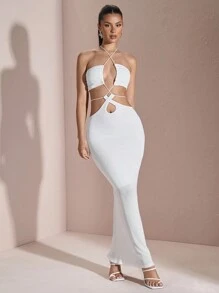 SHEIN BAE 女士纯色镂空露背紧身吊带毕业礼服，夏季 - 白色 - 查看 5