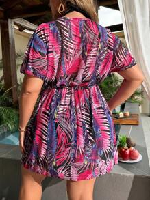 Swim Lushoire Plus Size Summer Vacation Tropical Print Coverup Dress - Hot Pink - View 2