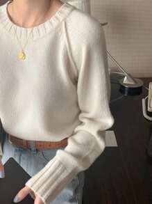 DAZY 女式圆领纯色长袖毛衣秋季 - 白色 - 查看 8