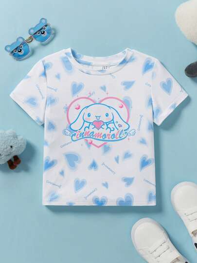 HELLO KITTY AND FRIENDS | SHEIN Young Girl Cartoon Cinnamoroll Light Blue Heart Print Casual Cute Short Sleeve T-Shirt, Summer