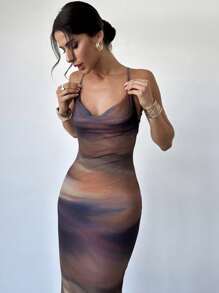 Firerie Vestido cami corto ajustado, de malla transparente, con tirantes, cuello swing, y diseño degradado multicolor, elegante y sexy para vacaciones de verano de mujer