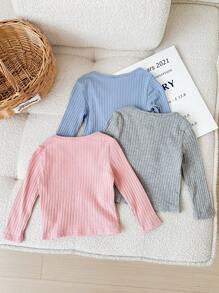 SHEIN 3pcs Baby Girl Casual Cute Versatile Solid Color Knit Elastic Long Sleeve Top Set