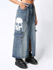 ROMWE Grunge Punk Falda vaquera larga para mujer con borde dividido, decoración de metal punk, bordado de esqueleto, casual para la escuela