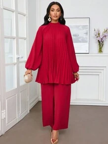 SHEIN Lady Women Loose Comfort Pleated Sleeve Shirt And Wide Leg Pants Set, Red Women Two Pieces Sets Two Pieces Outfits Fall Two Pieces Sets