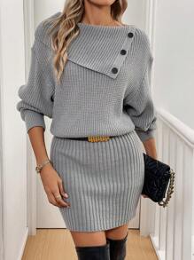 Chiquease Women Asymmetrical Neck Button Closure Long Sleeve Solid Color Knitted Sweater Dress
