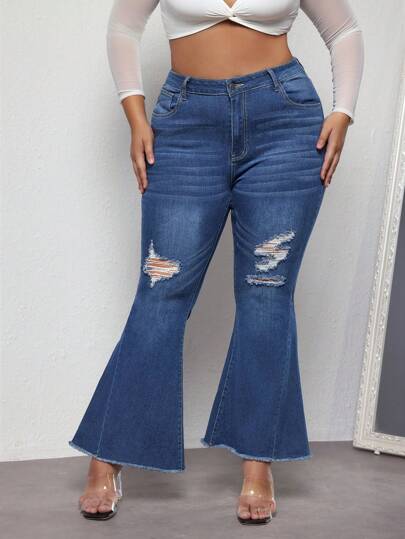 SHEIN SXY Plus Size Women Pocket Distressed Flare Casual Jeans
