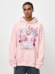 ROMWE MEN ROMWE Avant Men's Subculture Anime Printed Grommet Eyelet Decor Loose Hoodie, School - Pink - View 1