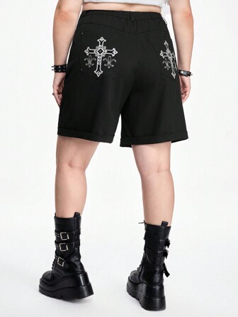 Goth Back-To-School Vintage College Style Rhinestone Cross Embroidery Plus Size A-Line Sweatshirt And Loose Capri Pants Set