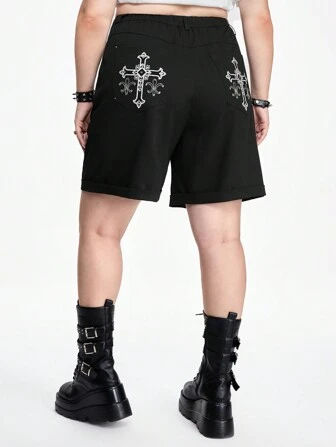 Goth Ensemble Sweat-shirt style vintage collège avec broderie croix strass et pantalon capri ample de grande taille