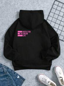 SHEIN Leap Crew 少女休闲简约个性化粉色英文字母印花黑色宽松长袖连帽卫衣，适合秋冬季节，少女卫衣，黑色卫衣，必备卫衣，返校季少女，服装背面 - 黑色 - 查看 2