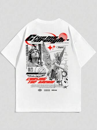 Street Life Camiseta gráfica con lema y figura para hombres, escuela