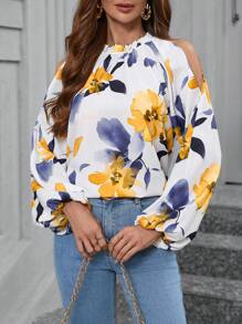 SHEIN Clasi Women's Spring And Summer Casual Floral Print Open Shoulder Lantern Sleeve Winter Fall Women Clothes Thanksgiving Halloween Women Homecoming Work Clothes Date Night Off Shoulder Long Sleeve Shirt - Multicolor - View 8