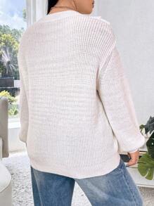 Calvaya Plus Size Plain Crew Neck Ruffle Hem Casual Long Sleeve Sweater Knit Pullover Fall Winter - White - View 2